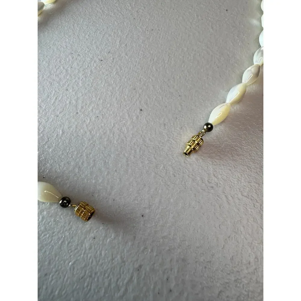 Vintage Mother of Pearl Shell Beaded Necklace Marquise Gold Tone Clasp